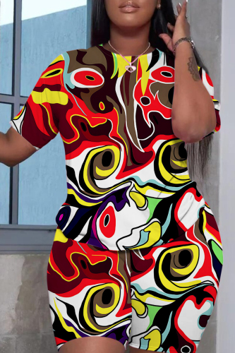 Brownish Red Casual Geometric Flowers Print Pocket O Neck Short Sleeve Oversize T-Shirt And Shorts Two Pieces Shorts Sets
