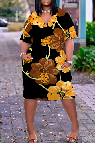 Orange Black Floral Print Casual V Neck Short Sleeve Loose Pockets Midi T-Shirt Dress