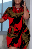 Brownish Red Casual Geometric Flowers Print Pocket O Neck Short Sleeve Oversize T-Shirt And Shorts Two Pieces Shorts Sets