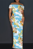 Light Blue Plaid Cartoon Flower Print Off Shoulder Short Sleeve Side Slit One Step Skirt Party Evening Party Bodycon Maxi Dress