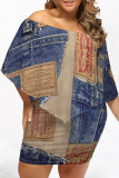 Light Blue Casual Faux Denim Print Flutter Sleeve Off Shoulder Irregular Plus Size Midi Dresses