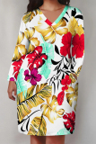 Purple Floral Print V Neck Long Sleeve Pockets Casual Straight Loose Midi T-Shirt Dress