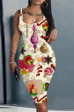 White Casual Santa Claus Santa Hats Print U Neck Sleeveless Vacation Bodycon Midi Tank Dress
