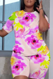 Brownish Red Casual Geometric Flowers Print Pocket O Neck Short Sleeve Oversize T-Shirt And Shorts Two Pieces Shorts Sets