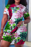 Army Green Casual Floral Print O Neck Short Sleeve Oversize T Shirt And Shorts Set Sportwear Plus Size Two Piece Matching Set
