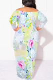 Orange Floral Print Leopard Off Shoulder Long Sleeve Plus Size Bodycon Maxi Dress
