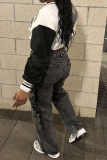 Dark Gray Street Pocket Zipper Mid Waist Straight Cargo Denim Jeans