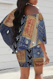 Dark Blue Casual Faux Denim Print Flutter Sleeve Off Shoulder Irregular Plus Size Mini Dresses