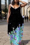 Red Christmas Graphics Print Backless Spaghetti Strap Floor Length Vacation Baggy Sundress Maxi Slip Dress