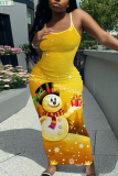 Yellow Christmas Sleeveless Santa Claus Snowman Print Backless Spaghetti Strap Long Bodycon Maxi Slip Dress