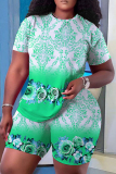 Army Green Casual Floral Print O Neck Short Sleeve Oversize T Shirt And Shorts Set Sportwear Plus Size Two Piece Matching Set