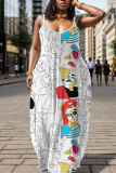 Blue Graphics Print Backless Spaghetti Strap Floor Length Vacation Baggy Sundress Maxi Slip Dress