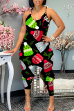 Claret Christmas Print Sleeveless Backless Daily Vacation Loose Cami Harem Jumpsuit