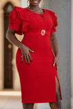 Red Casual O Neck Petal Sleeve Slit One Step Skirt Formal Party Evening Bodycon Midi Dresses