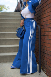Black Casual Stripe Print Pocket Zipper Collar Long Sleeve Sweatshirt And Wide Leg Pants Sportwear Two Pieces Jogger Set