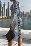 Dark Blue Casual Faux Denim Print O Neck Long Sleeve Bodycon Midi Dresses