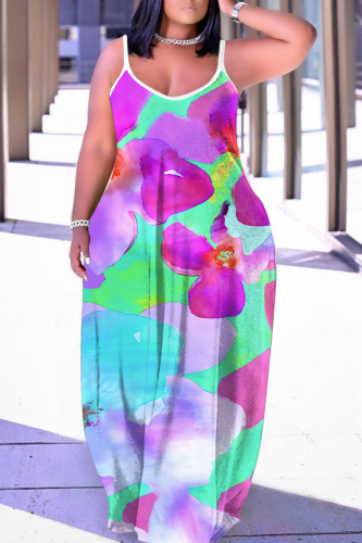 Purple Floral Print Backless Spaghetti Strap Floor Length Vacation Baggy Sundress Maxi Slip Dress