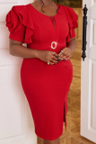 Red Casual O Neck Petal Sleeve Slit One Step Skirt Formal Party Evening Bodycon Midi Dresses