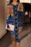 Dark Blue Casual Faux Denim Print O Neck Long Sleeve Bodycon Midi Dresses