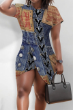 Dark Blue Casual Faux Denim Print O Neck Short Sleeve Irregular Hem Slit Bodycon Mini Dress