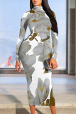 White Gray Street Floral Print Half A Turtleneck Long Sleeve Bodycon Maxi Dresses