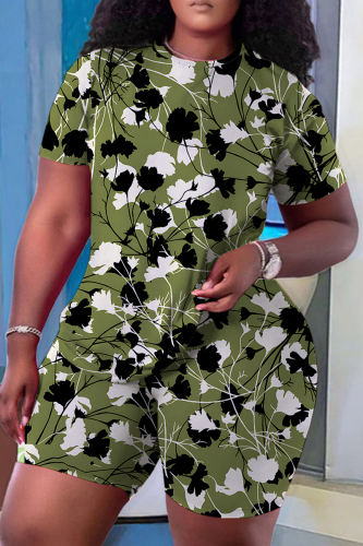 Army Green Casual Floral Print O Neck Short Sleeve Oversize T Shirt And Shorts Set Sportwear Plus Size Two Piece Matching Set