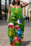 Red Christmas Graphics Print Backless Spaghetti Strap Floor Length Vacation Baggy Sundress Maxi Slip Dress