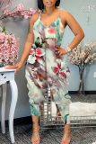 White Green Floral Print Sleeveless Backless Daily Vacation Loose Cami Harem Jumpsuit