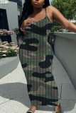 Pink Camouflage Graphic Print Sleeveless Backless Spaghetti Strap Long Bodycon Maxi Slip Dress