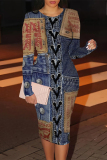 Dark Blue Street Faux Denim Print Half A Turtleneck Long Sleeve Bodycon Midi Dresses