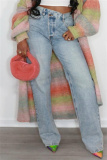 Blue Casual High Waist Regular Distressed Denim Jeans