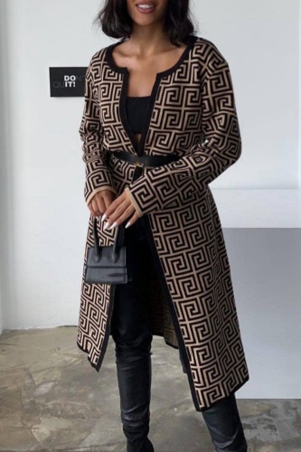 Khaki Casual Geometry Print Cardigan Long Sleeve Cardigan Knitted Sweater Coat