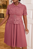 Bean Paste Pink Casual Lace Flower Print Turndown Collar Short Sleeve Formal Party Evening Pleated Midi Dress