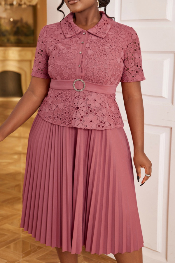 Bean Paste Pink Casual Lace Flower Print Turndown Collar Short Sleeve Formal Party Evening Pleated Midi Dress