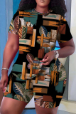 Army Green Casual Floral Print O Neck Short Sleeve Oversize T Shirt And Shorts Set Sportwear Plus Size Two Piece Matching Set