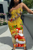 Yellow Christmas Sleeveless Santa Claus Snowman Print Backless Spaghetti Strap Long Bodycon Maxi Slip Dress