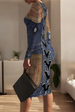 Dark Blue Street Faux Denim Print Half A Turtleneck Long Sleeve Bodycon Midi Dresses