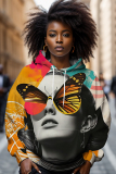 Orange Casual Figure Print Long Sleeve Fall Winter Hooded Sweatshirt