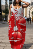 Red Christmas Graphics Print Backless Spaghetti Strap Floor Length Vacation Baggy Sundress Maxi Slip Dress