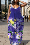 Blue Graphics Print Backless Spaghetti Strap Floor Length Vacation Baggy Sundress Maxi Slip Dress