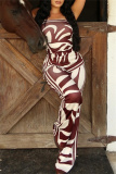 Reddish Brown Casual Graphics Print Backless Strapless Sleeveless Slit Tube Tops And Flare Leg Pants Vacation Two Pieces Trouser Sets