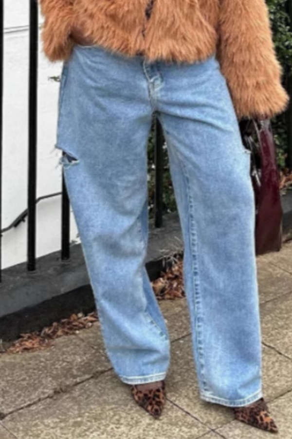 Blue Casual High Waist Wide Leg Ripped Denim Jeans
