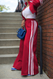 Black Casual Stripe Print Pocket Zipper Collar Long Sleeve Sweatshirt And Wide Leg Pants Sportwear Two Pieces Jogger Set
