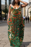 Black Gold Graphics Print Backless Spaghetti Strap Floor Length Vacation Baggy Sundress Maxi Slip Dress