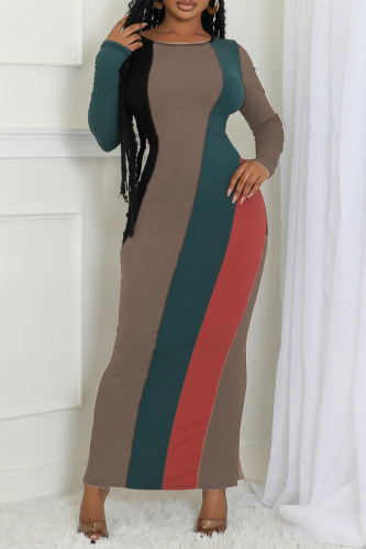 Multicolor Colorblock Print O Neck Long Sleeve Slit Long Bodycon Maxi Dress