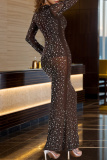 Black Hot Drilling Square Neck Long Sleeve Long Formal Evening Party Wedding Bodycon Maxi Dress