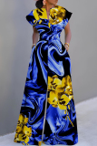 Black Floral Print V Neck Short Sleeve Casual Vacation Wide Leg Jumpsuit