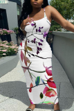 Black Red Floral Print Sleeveless Backless Spaghetti Strap Square Neck Vacation Bodycon Maxi Slip Dress