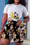 Army Green Casual Floral Print O Neck Short Sleeve Oversize T Shirt And Shorts Set Sportwear Plus Size Two Piece Matching Set