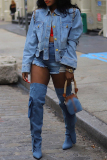 Blue Casual Rivets Turndown Collar Long Sleeve Irregular Denim Jacket
